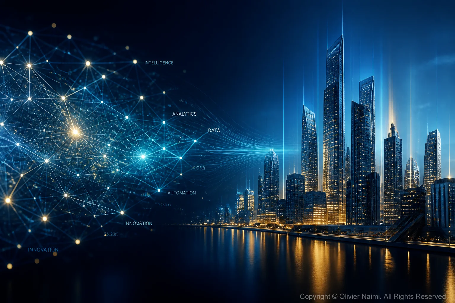 AI and data intelligence network converging on a digital enterprise city skyline