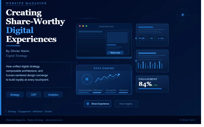 Editorial cover: Creating Share-Worthy
        Digital Experiences — showing a connected
        screen ecosystem, data engine, analytics
        signals, social sharing metrics, and
        engagement architecture