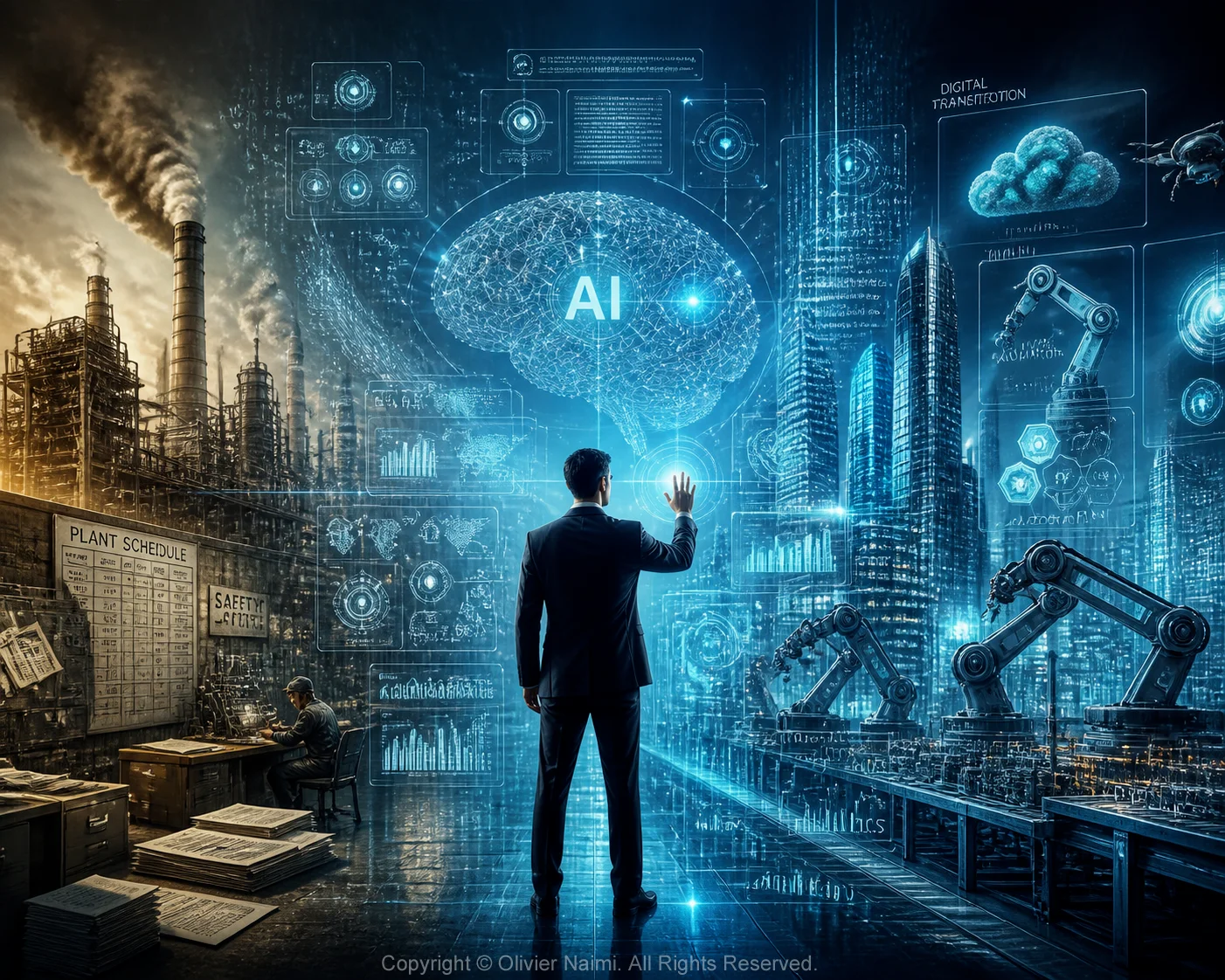 A CDO executive standing at the inflection point between a legacy
    industrial enterprise and an AI-powered digital future — activating MACHAI
    transformation